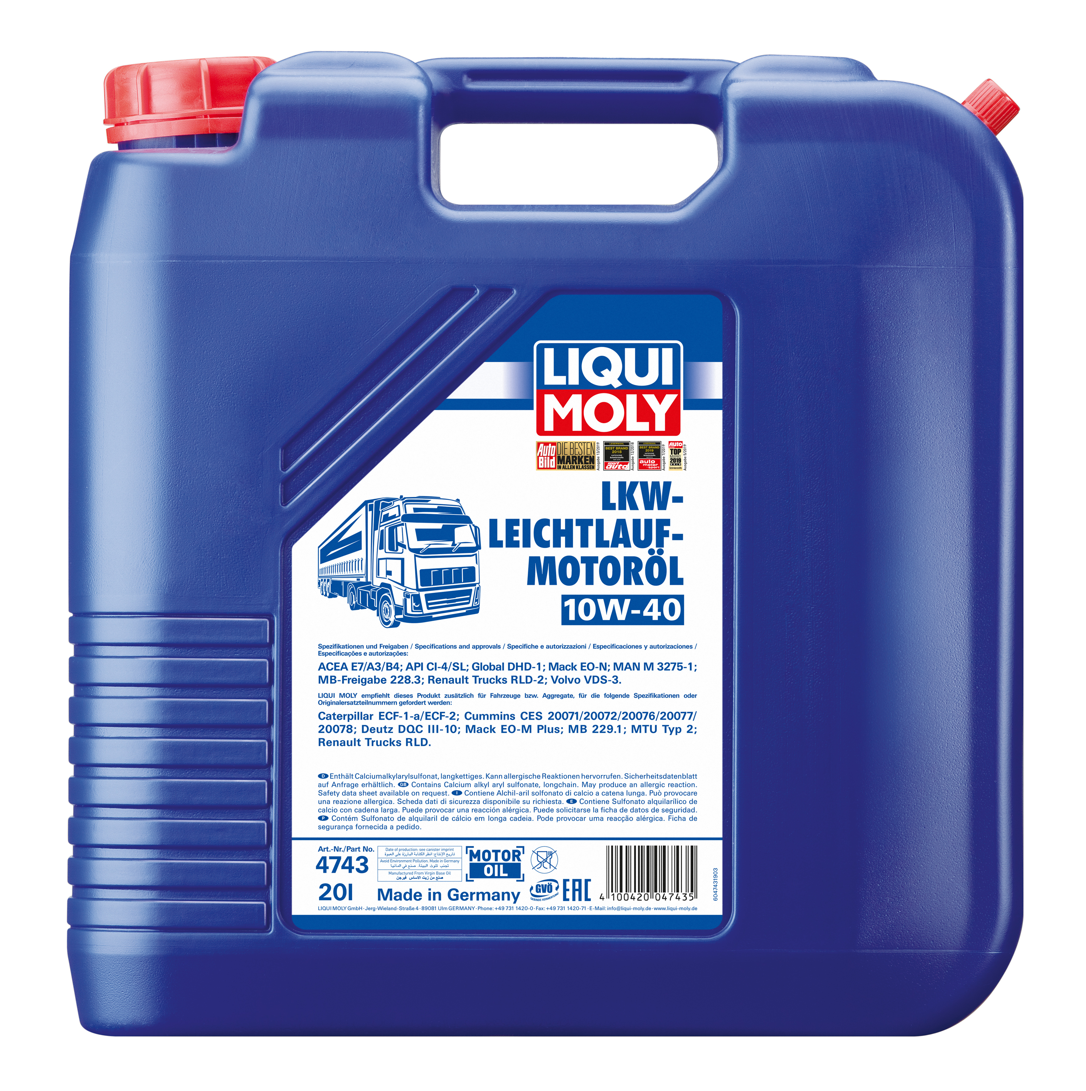 4743 LiquiMoly НС-синт. мот.масло LKW-Leichtlauf-Motoroil Basic 10W-40 CI-4/SL A3/B4/E7 (20л) 4743*